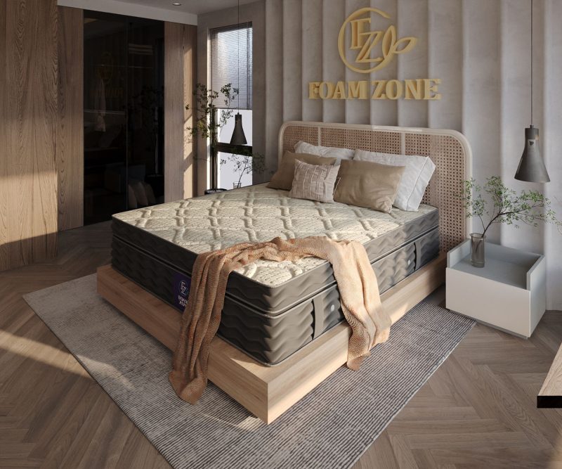 مرتبة Timeless بتهوية مثالية عبر فتحات في اللاتيكس و4 فتحات جانبية، متانة عالية بدواعم وحواجز إسفنجية، دعم مزدوج بتقنية DSS ونانو سبرنج، وطبقة ميموري جيل للبرودة